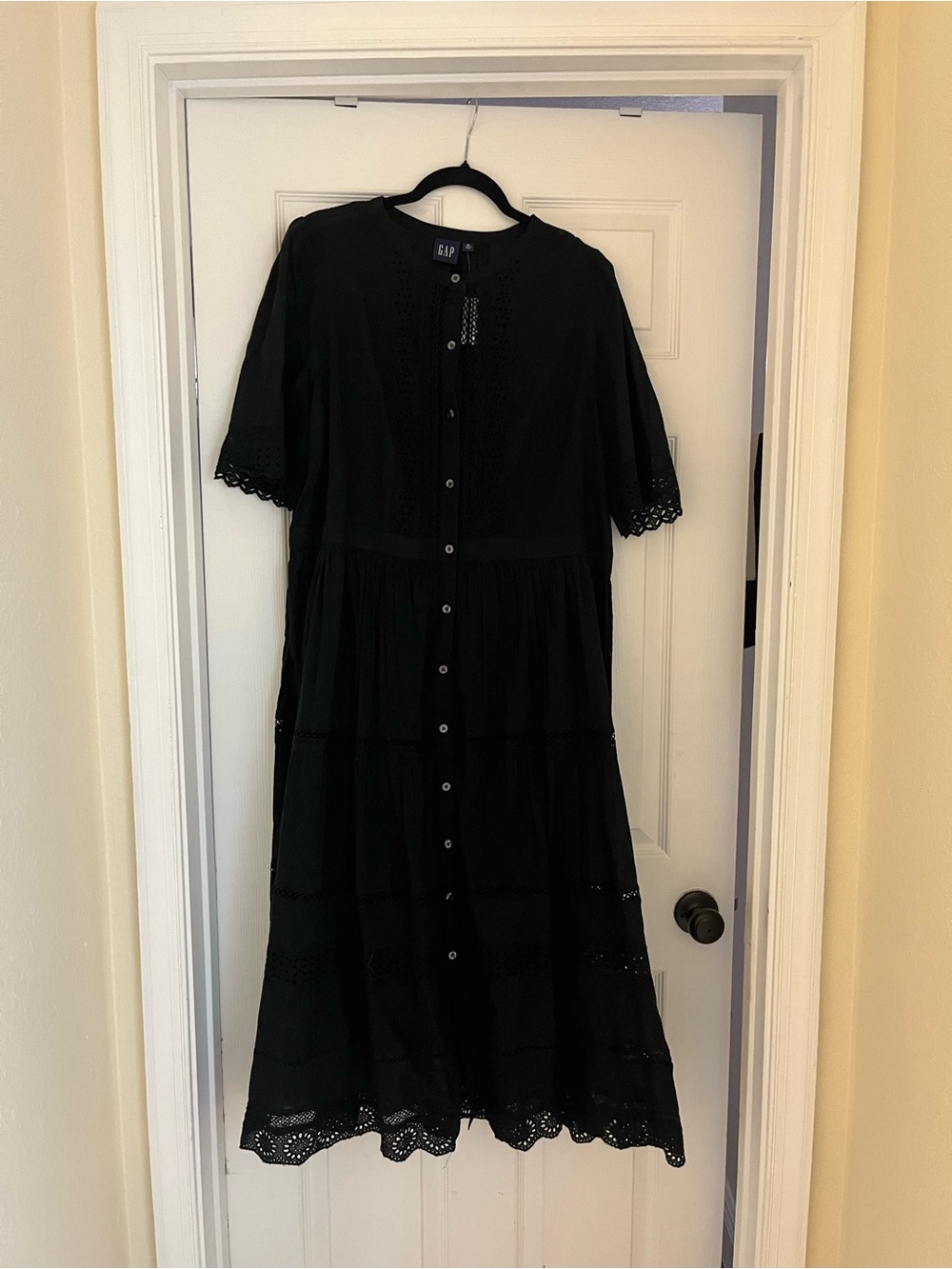 GAP Black Eyelet Button Midi Dress with Scallop Trim
